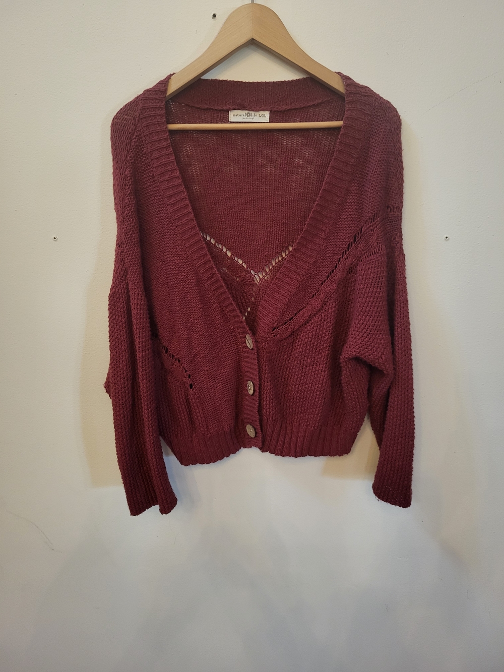Natural Life Brand. Cotton Cable Open Knit V-Neck Cardigan- Rustic Red Color
